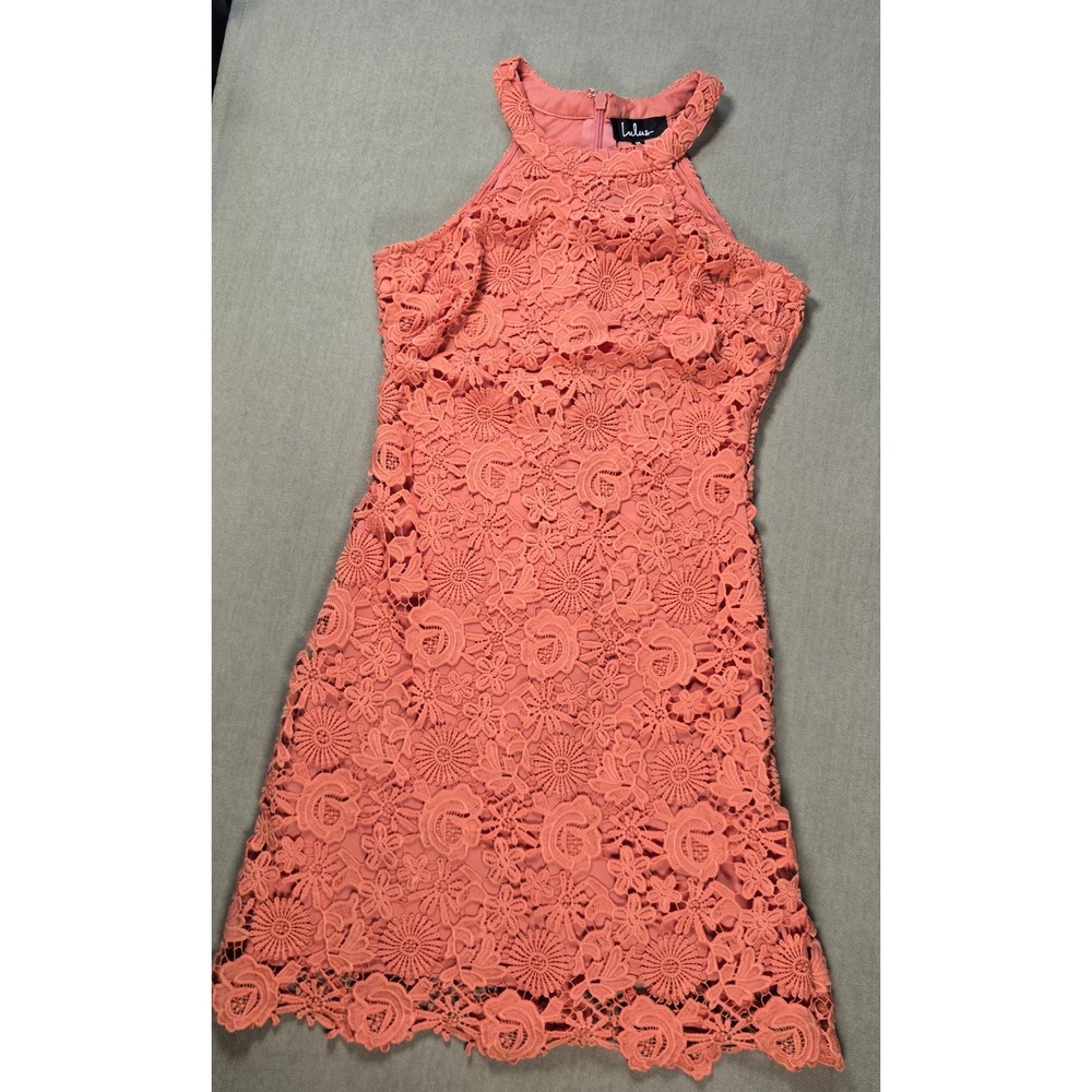 Lulus Coral Lace Halter Mini Dress Love Poem Sleeveless Party Cocktail Crochet‎